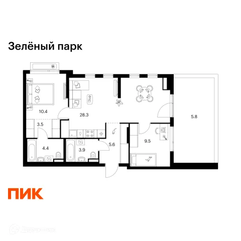 Планировка 2 комн. в ЖК Зелёный парк