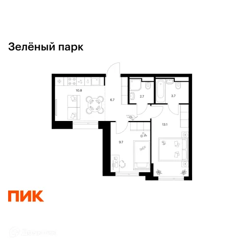 Планировка 2 комн. в ЖК Зелёный парк