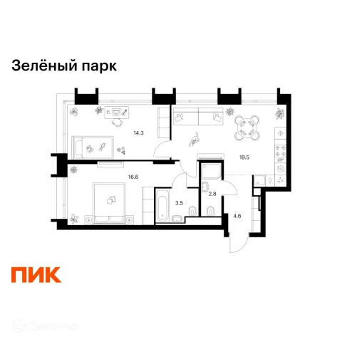 Планировка 2 комн. в ЖК Зелёный парк