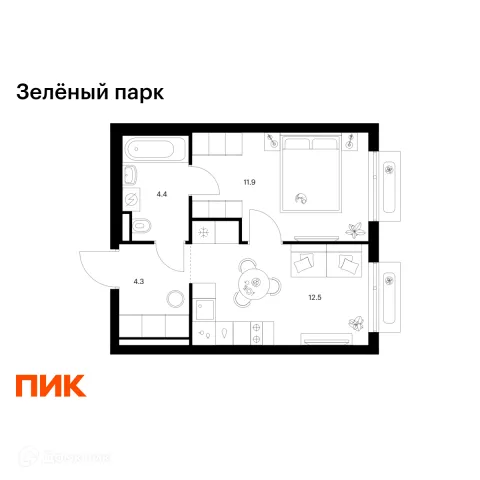 Планировка 1 комн. в ЖК Зелёный парк