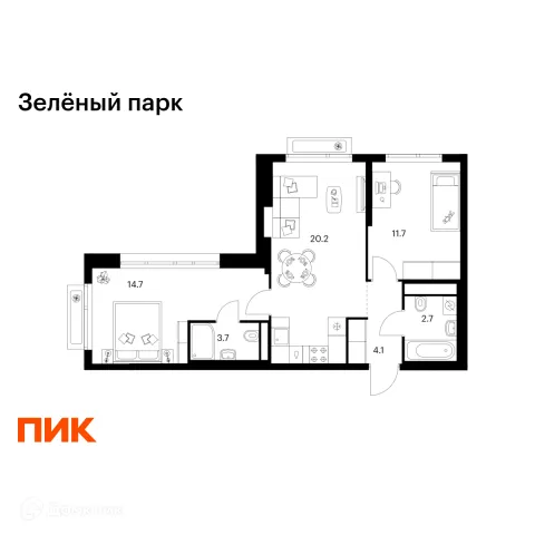 Планировка 2 комн. в ЖК Зелёный парк