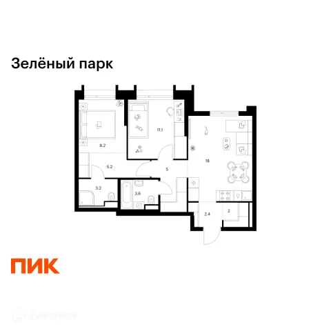 Планировка 2 комн. в ЖК Зелёный парк