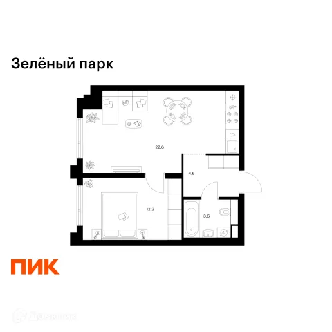 Планировка 1 комн. в ЖК Зелёный парк