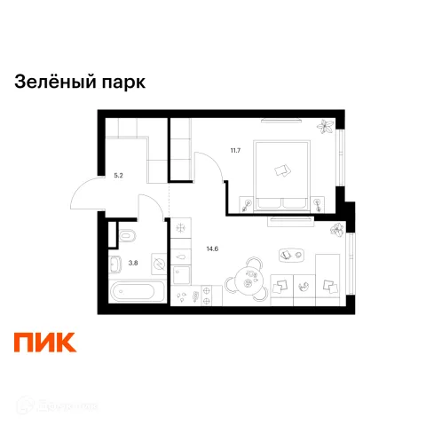 Планировка 1 комн. в ЖК Зелёный парк