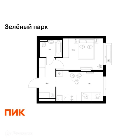 Планировка 1 комн. в ЖК Зелёный парк