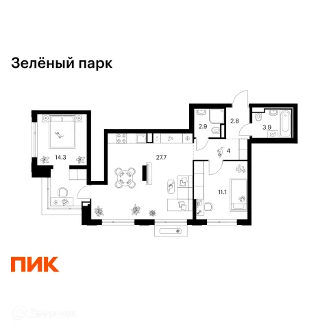 Планировка 2 комн. в ЖК Зелёный парк