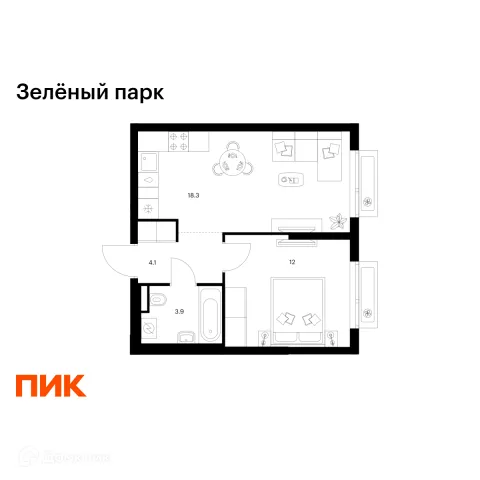 Планировка 1 комн. в ЖК Зелёный парк