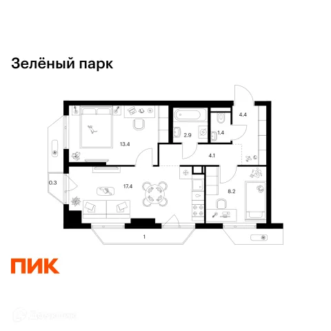 Планировка 2 комн. в ЖК Зелёный парк
