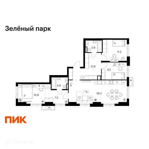 Планировка 3 комн. в ЖК Зелёный парк