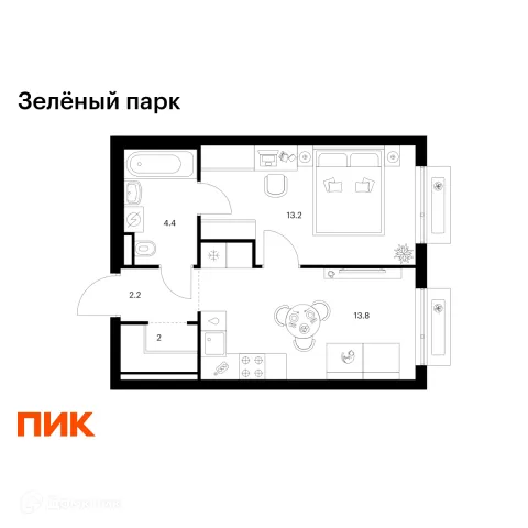Планировка 1 комн. в ЖК Зелёный парк