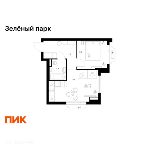 Планировка 1 комн. в ЖК Зелёный парк