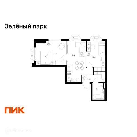 Планировка 2 комн. в ЖК Зелёный парк