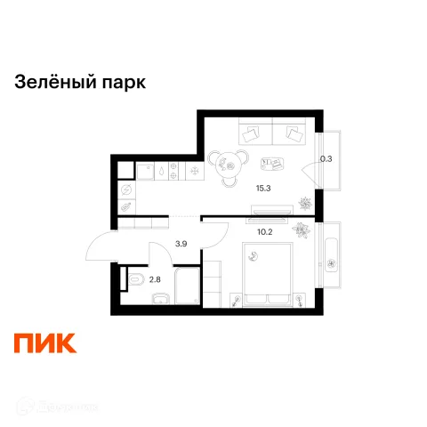 Планировка 1 комн. в ЖК Зелёный парк