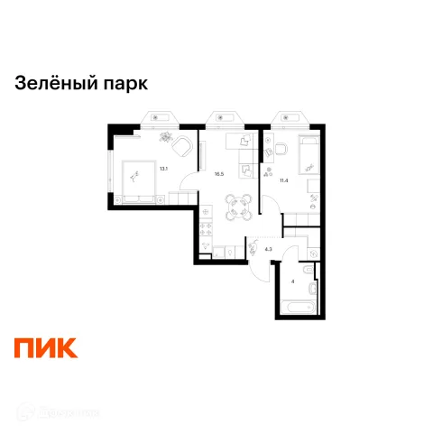 Планировка 2 комн. в ЖК Зелёный парк
