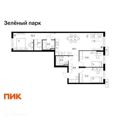 Планировка 3 комн. в ЖК Зелёный парк