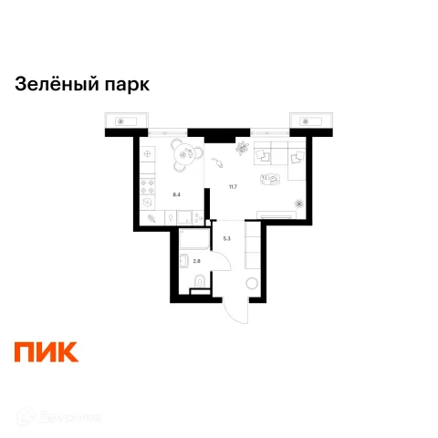 Планировка 1 комн. в ЖК Зелёный парк