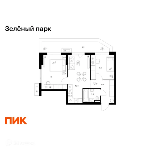 Планировка 2 комн. в ЖК Зелёный парк