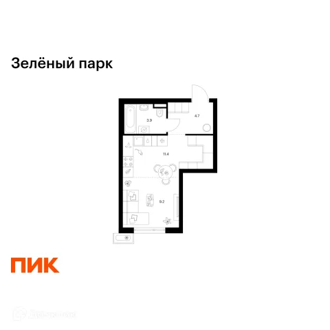 Планировка Студия в ЖК Зелёный парк