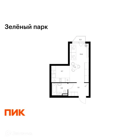Планировка Студия в ЖК Зелёный парк