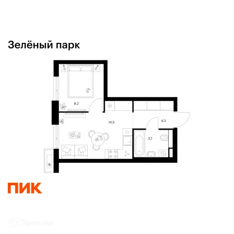 Планировка 1 комн. в ЖК Зелёный парк