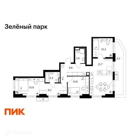 Планировка 3 комн. в ЖК Зелёный парк
