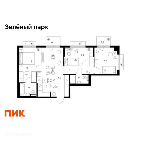 Планировка 3 комн. в ЖК Зелёный парк