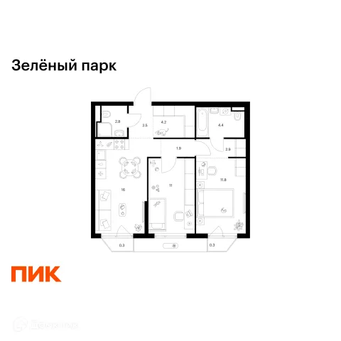 Планировка 2 комн. в ЖК Зелёный парк