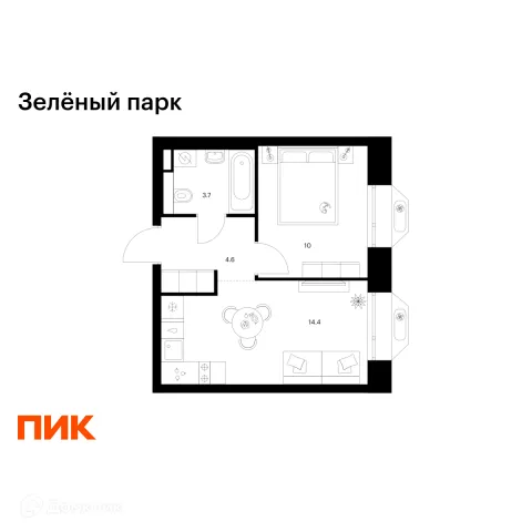 Планировка 1 комн. в ЖК Зелёный парк