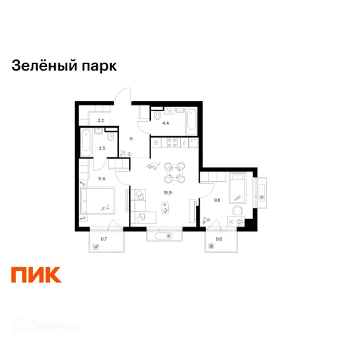 Планировка 2 комн. в ЖК Зелёный парк