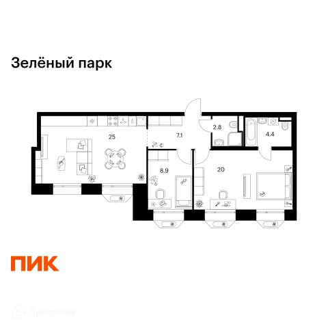 Планировка 2 комн. в ЖК Зелёный парк