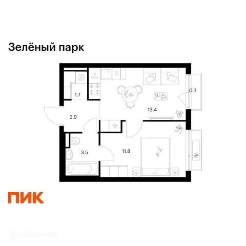 Планировка 1 комн. в ЖК Зелёный парк