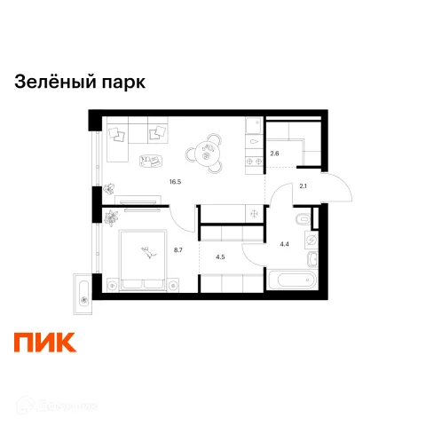 Планировка 1 комн. в ЖК Зелёный парк