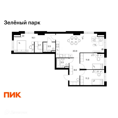 Планировка 3 комн. в ЖК Зелёный парк