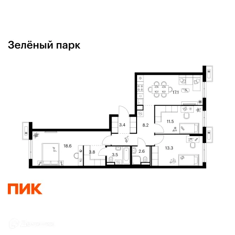 Планировка 3 комн. в ЖК Зелёный парк
