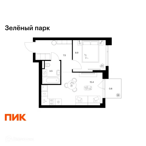 Планировка 1 комн. в ЖК Зелёный парк
