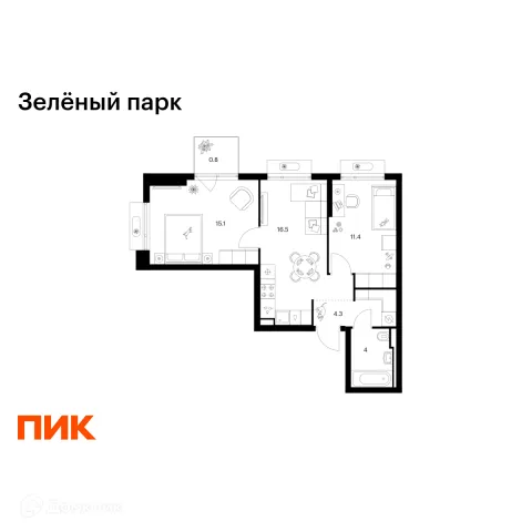 Планировка 2 комн. в ЖК Зелёный парк