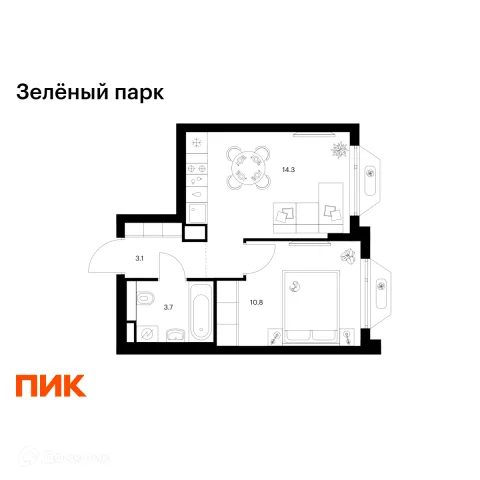Планировка 1 комн. в ЖК Зелёный парк