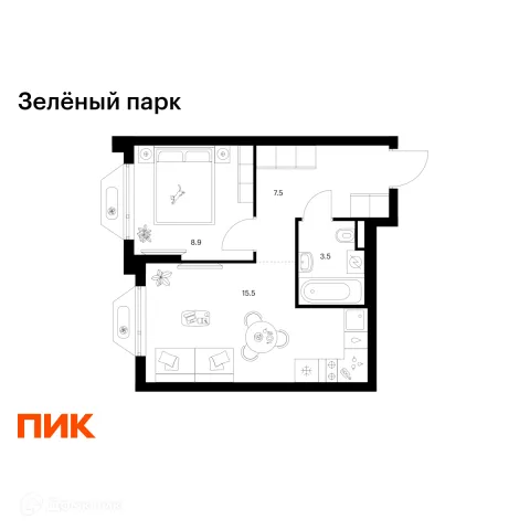 Планировка 1 комн. в ЖК Зелёный парк