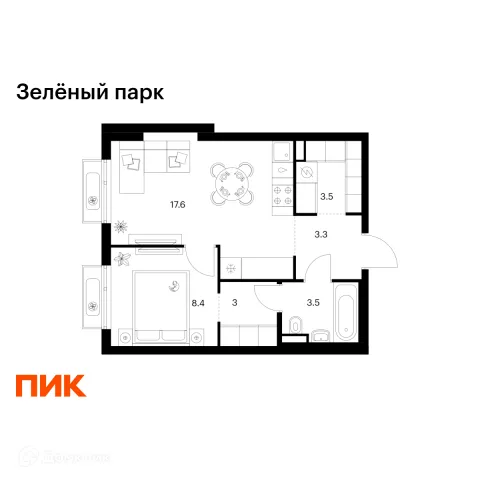 Планировка 1 комн. в ЖК Зелёный парк