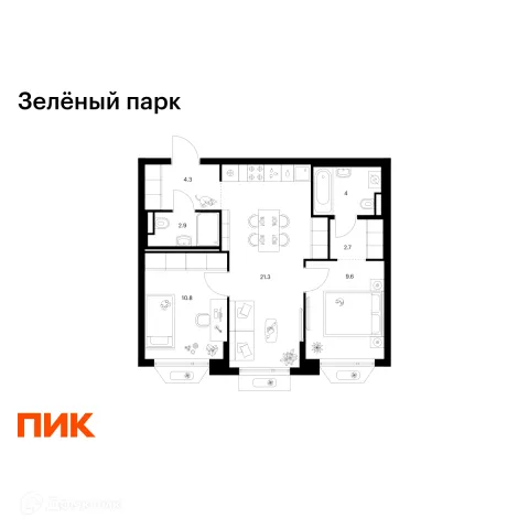 Планировка 2 комн. в ЖК Зелёный парк