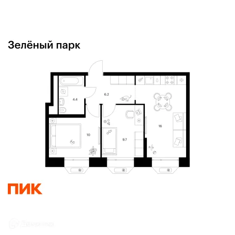 Планировка 2 комн. в ЖК Зелёный парк