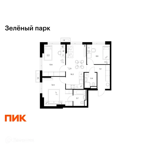 Планировка 3 комн. в ЖК Зелёный парк