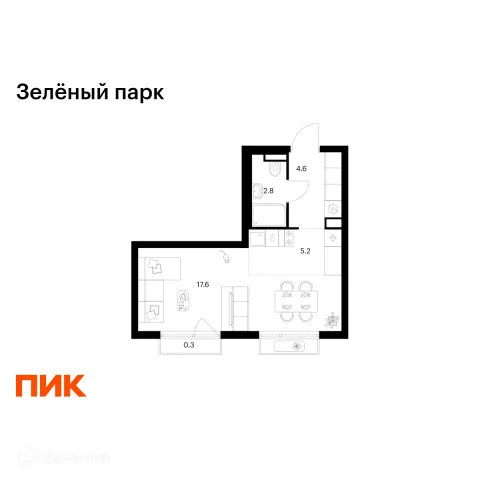 Планировка 1 комн. в ЖК Зелёный парк