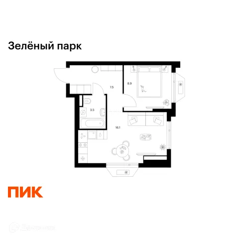 Планировка 1 комн. в ЖК Зелёный парк