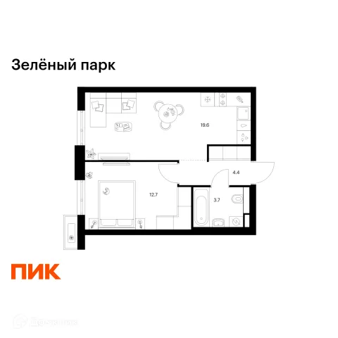Планировка 1 комн. в ЖК Зелёный парк