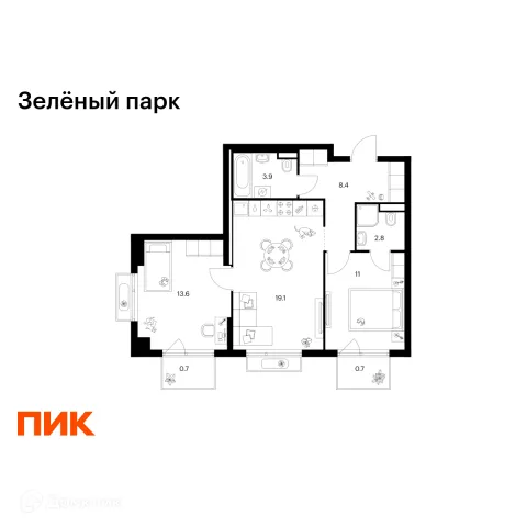 Планировка 2 комн. в ЖК Зелёный парк