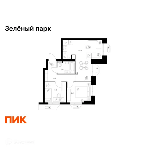 Планировка 2 комн. в ЖК Зелёный парк
