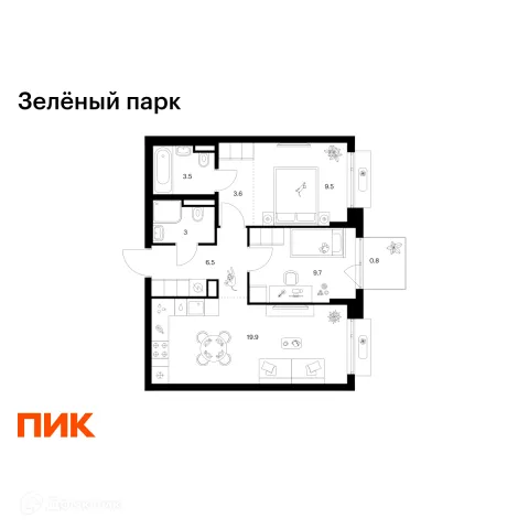 Планировка 2 комн. в ЖК Зелёный парк