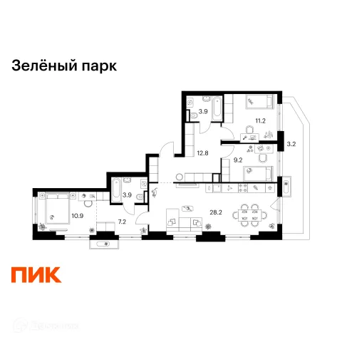 Планировка 3 комн. в ЖК Зелёный парк