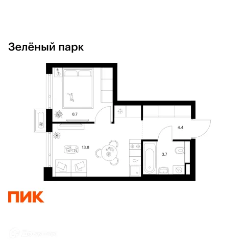 Планировка 1 комн. в ЖК Зелёный парк